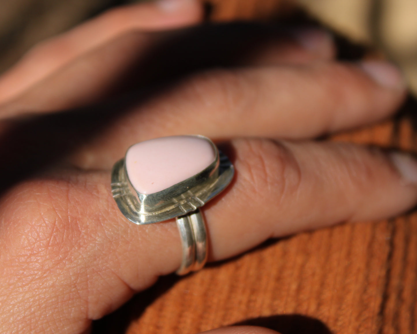 Large Pink Opal Stamped Ring {sz.9.75}