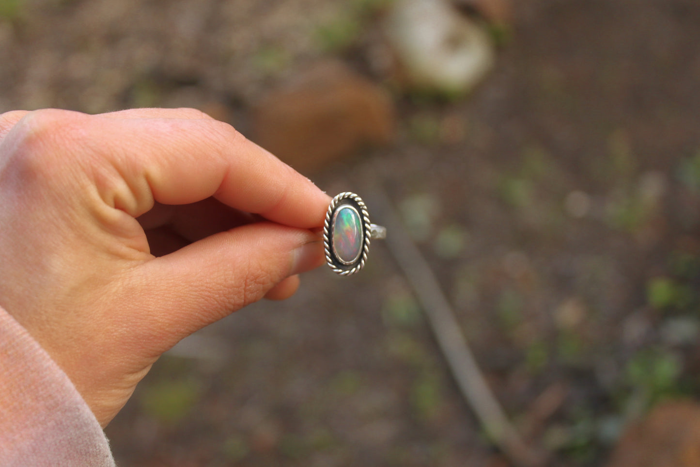 Ethiopian Opal Hammered Band Ring {sz.8.25)